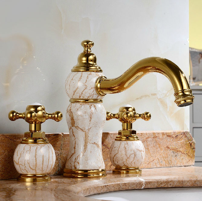 Leo Luxury Natural Jade Gold Finish Dual Handles Mixer Sink Faucet